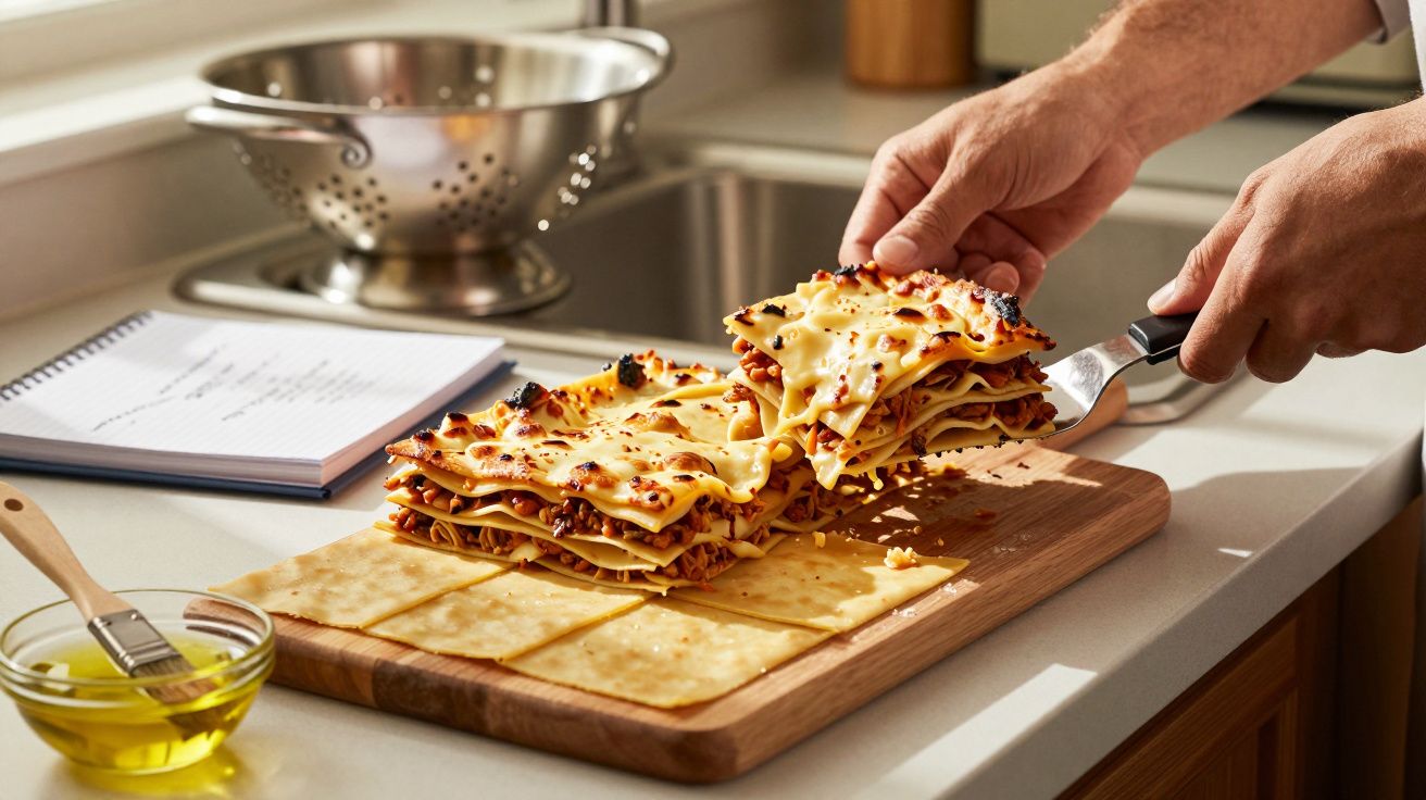 Pessoa a servir uma fatia de lasanha acabada de sair do forno sobre uma tábua de madeira na cozinha.