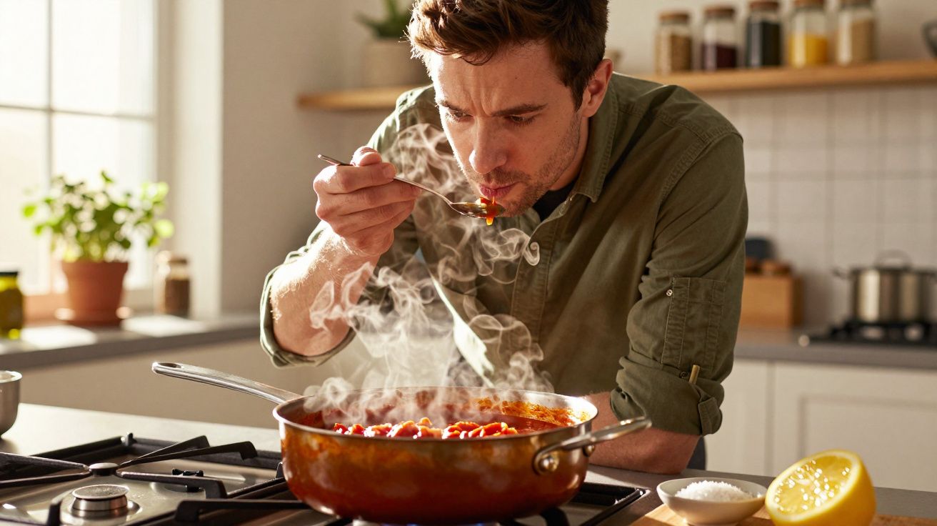 Homem a provar sopa quente numa panela na cozinha com vapor a sair da comida.