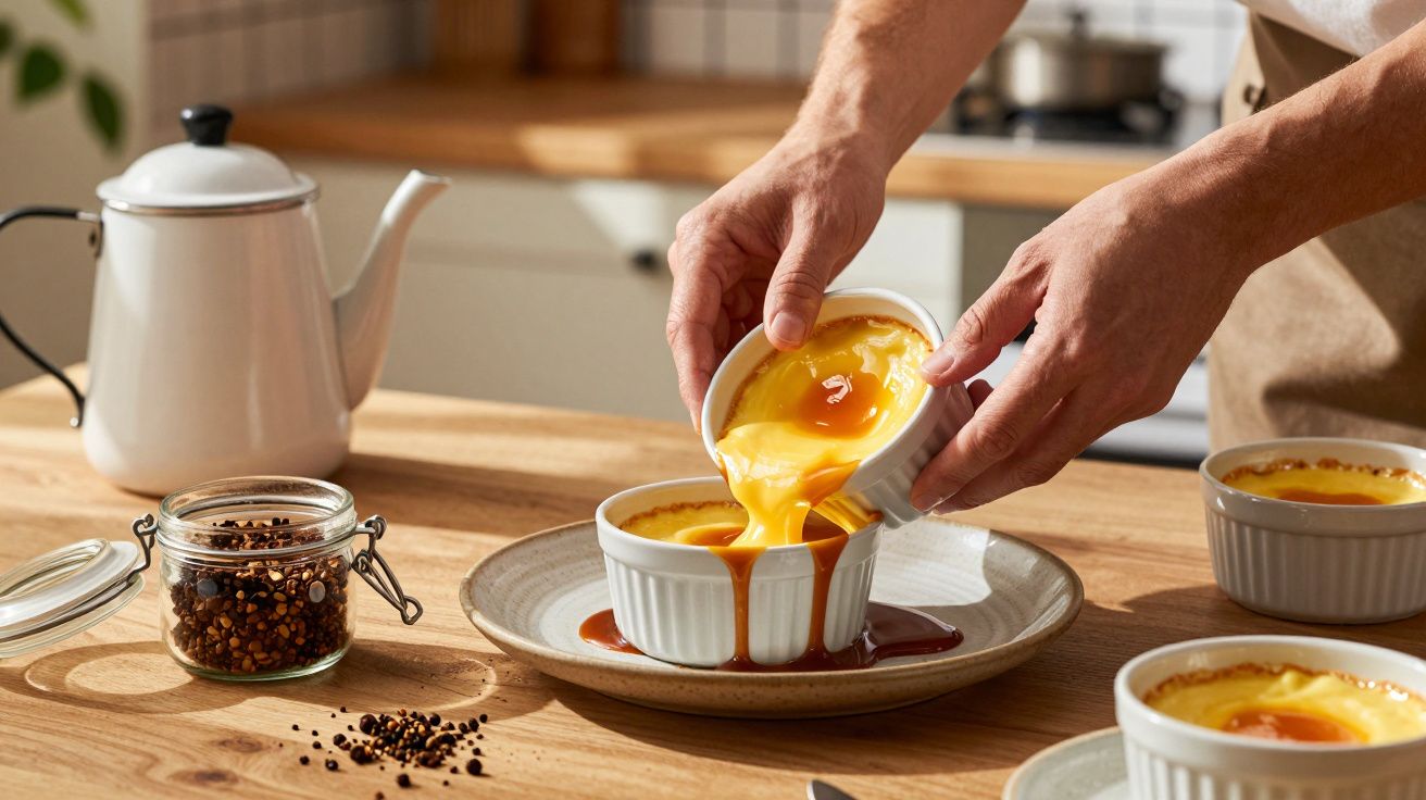 Mãos a verter molho caramelizado sobre crème brûlée em tacinhas brancas numa mesa de madeira.