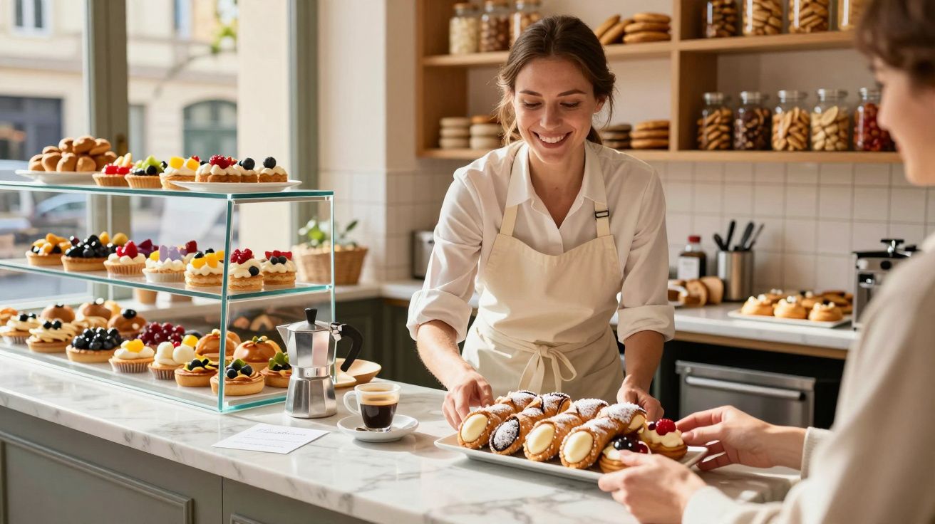 Mulher sorridente a servir pastelaria num café com várias sobremesas expostas em prateleiras de vidro.