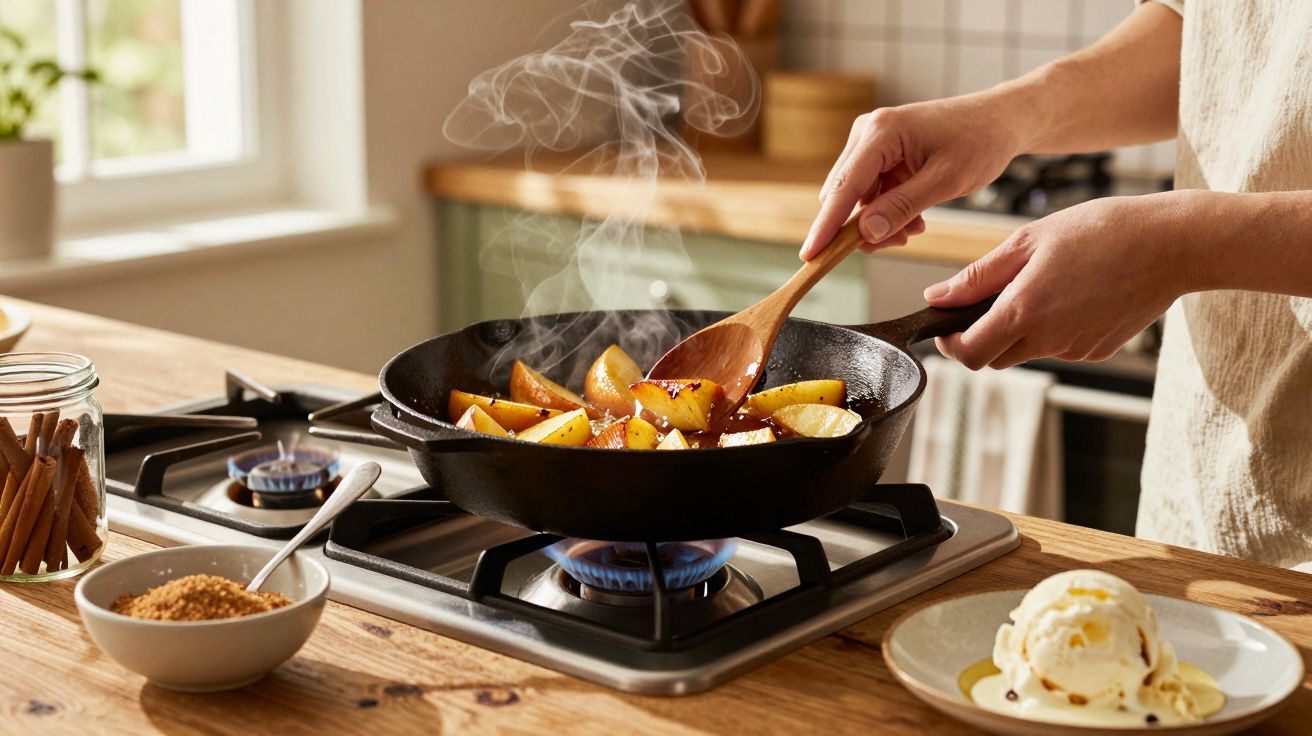 Mãos a cozinhar batatas numa frigideira com pauzinhos de canela e gelado numa mesa de madeira.