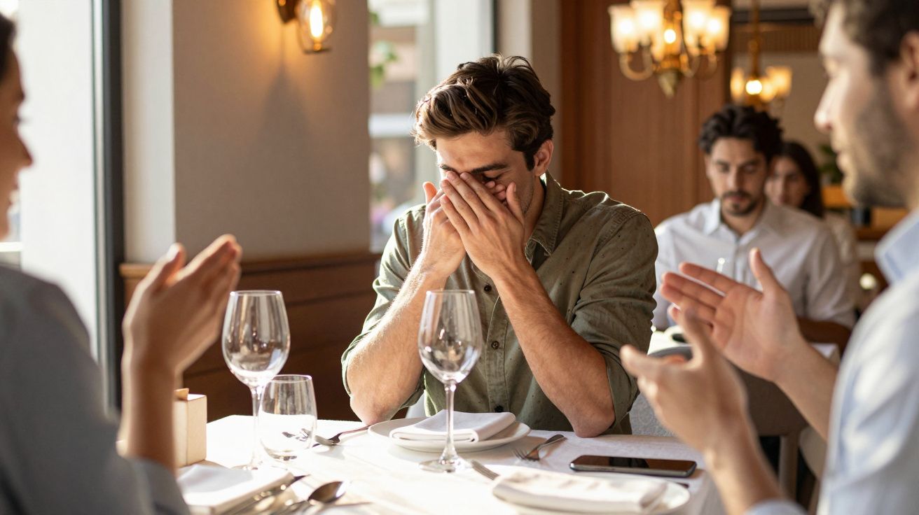 Homem sente-se emocionado enquanto amigos aplaudem à sua volta numa mesa de restaurante.