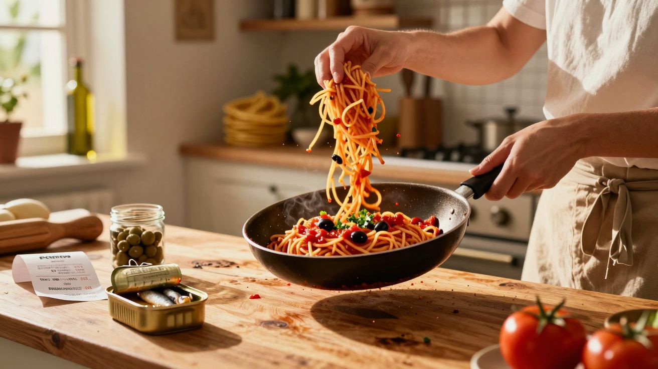 Pessoa a cozinhar massa spaghetti com azeitonas e tomate num tacho numa cozinha iluminada.