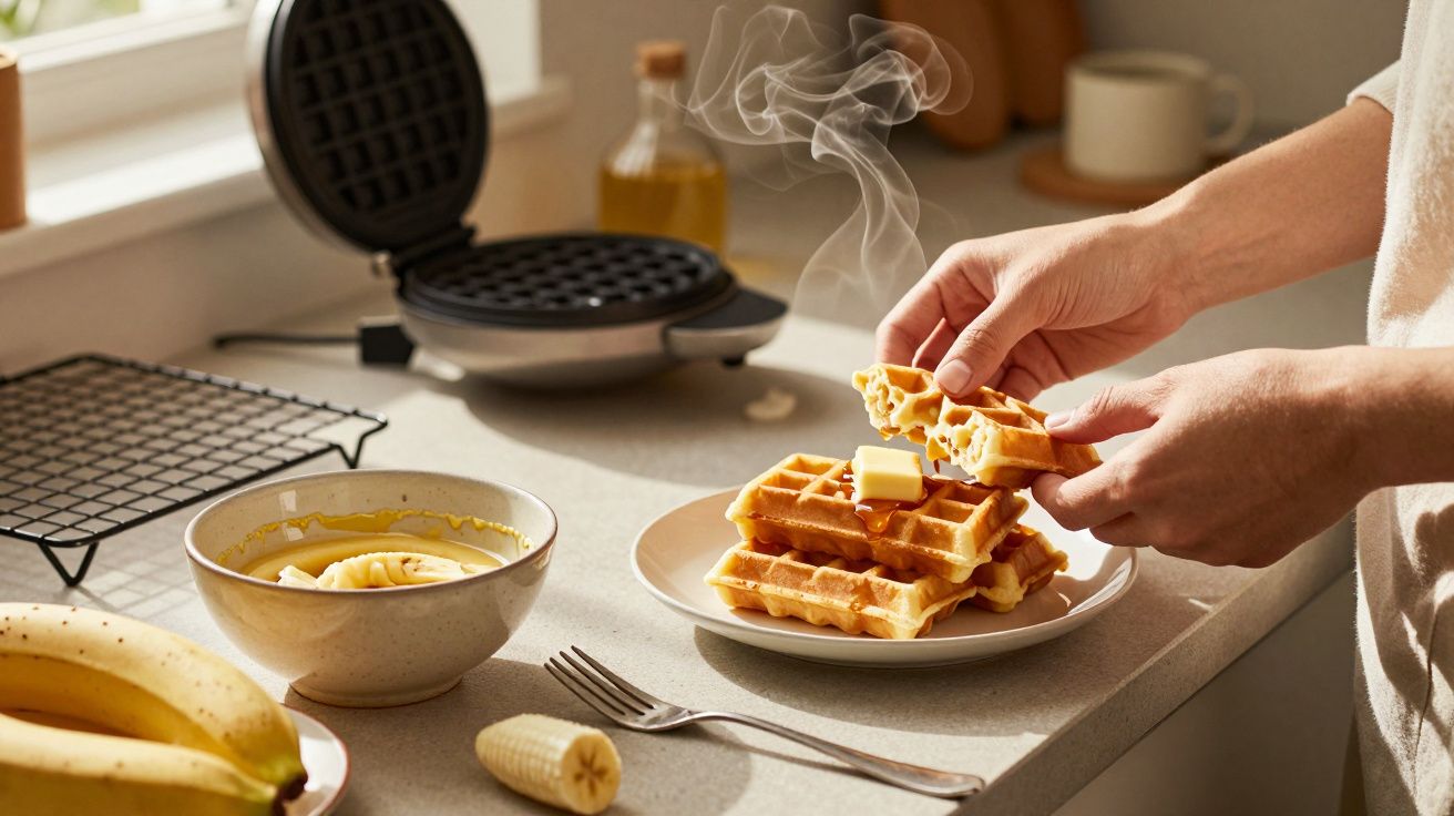 Mãos a partir de uma waffle quente com manteiga derretida, máquina de waffles e ingredientes ao fundo na cozinha.