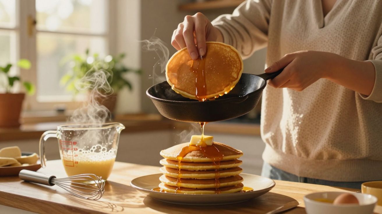Pessoa a colocar panqueca numa pilha com manteiga e xarope a escorrer na cozinha iluminada.
