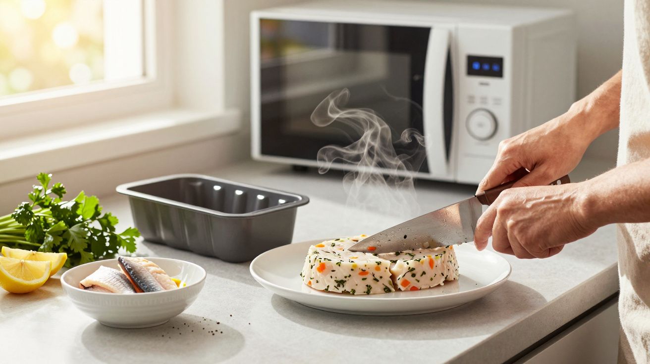 Pessoa a cortar prato de arroz com legumes e ervas na cozinha, com micro-ondas ao fundo e ingredientes na bancada.