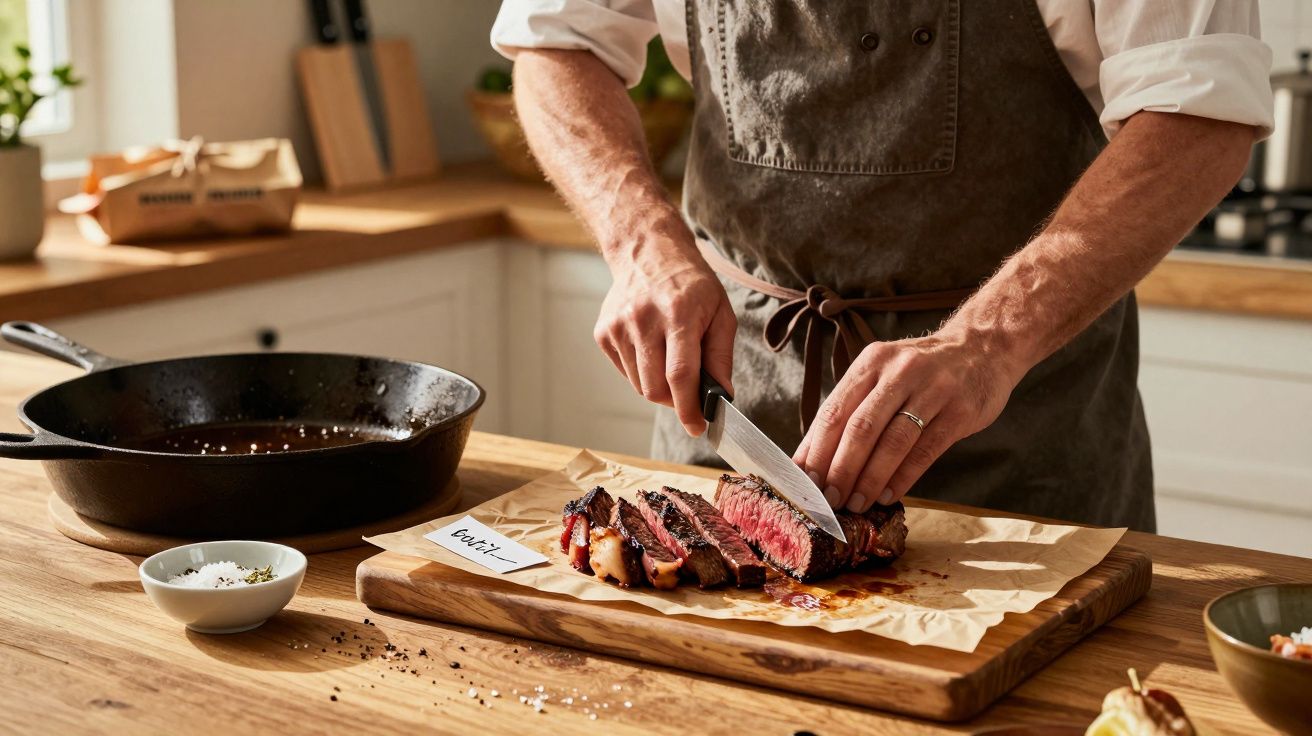 Pessoa a cortar bife malpassado num tabuleiro de madeira numa cozinha iluminada.