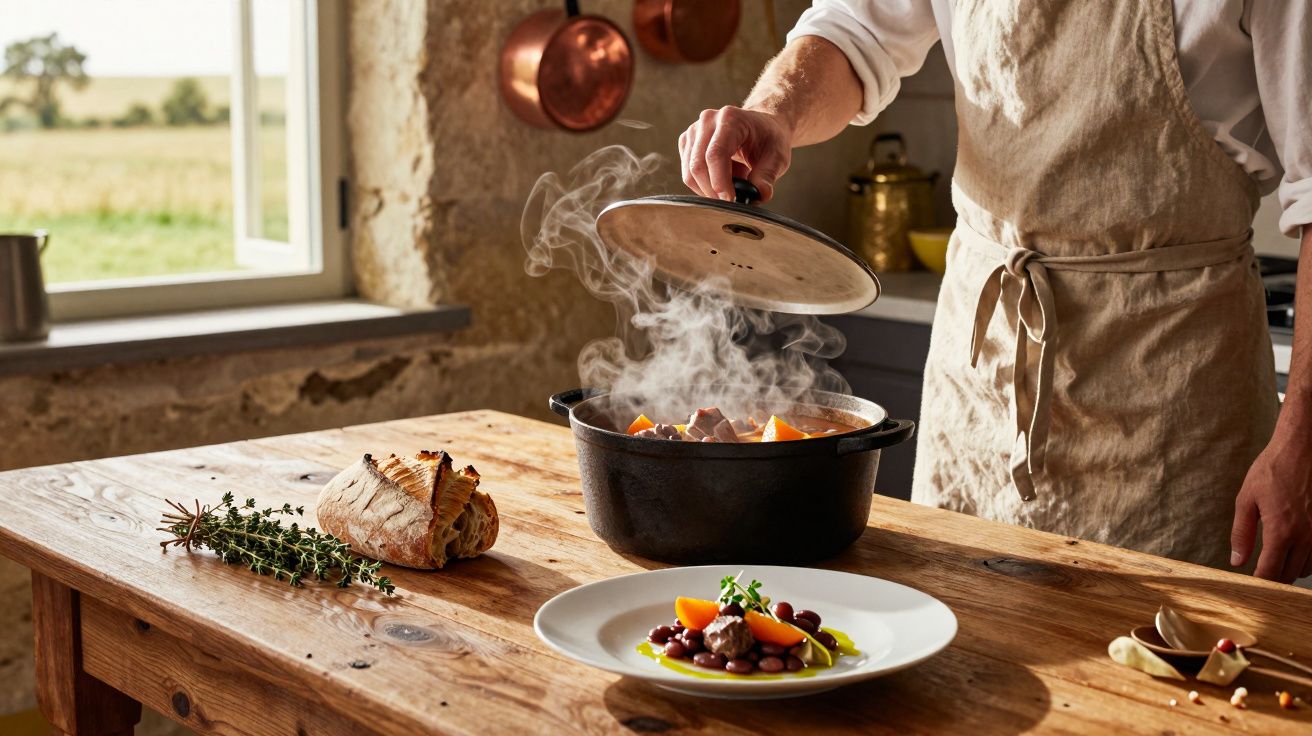 Pessoa a abrir panela quente com cozinhado fumegante ao lado de pão, ervas e prato com comida numa mesa de madeira.