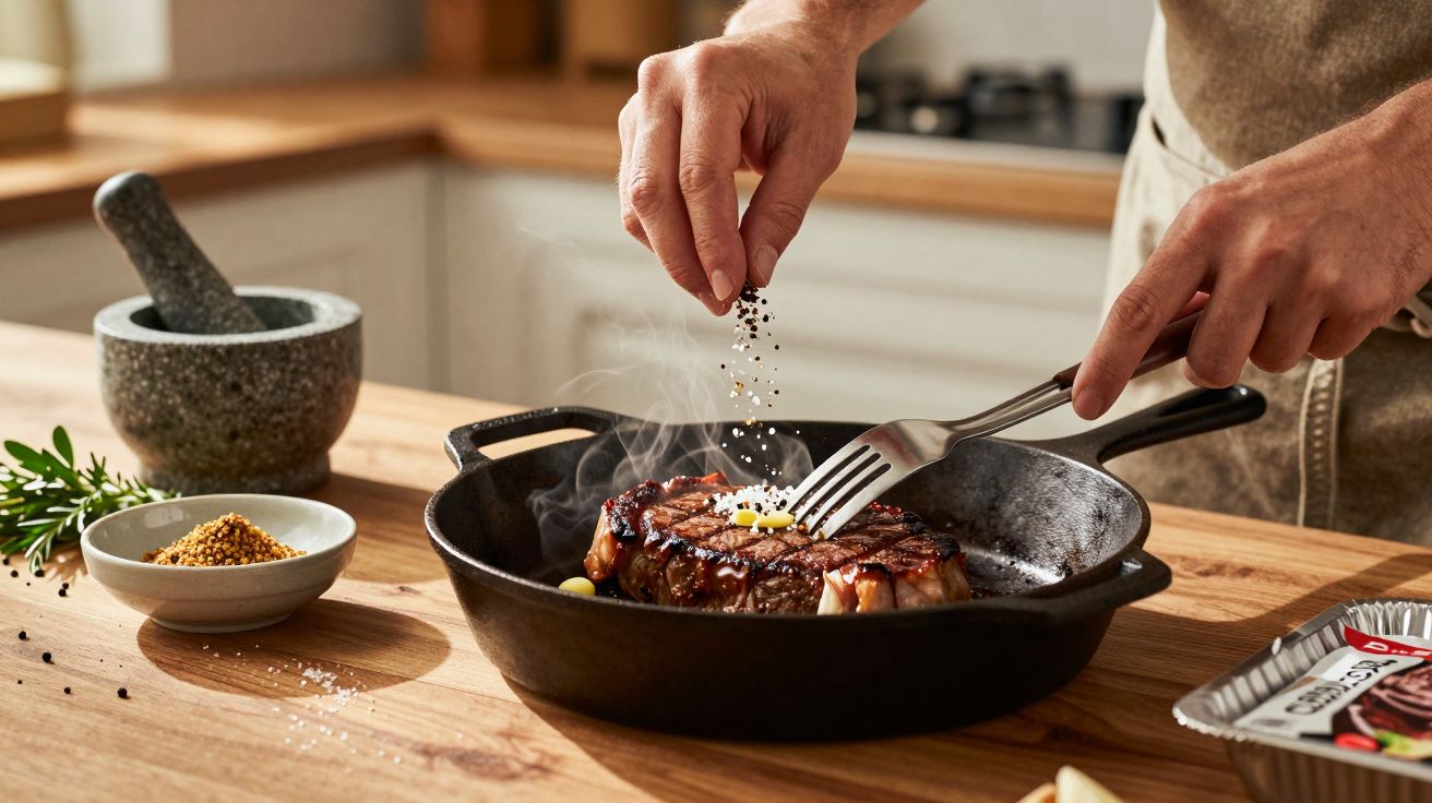 Pessoa a temperar bife a grelhar numa frigideira de ferro numa cozinha iluminada.