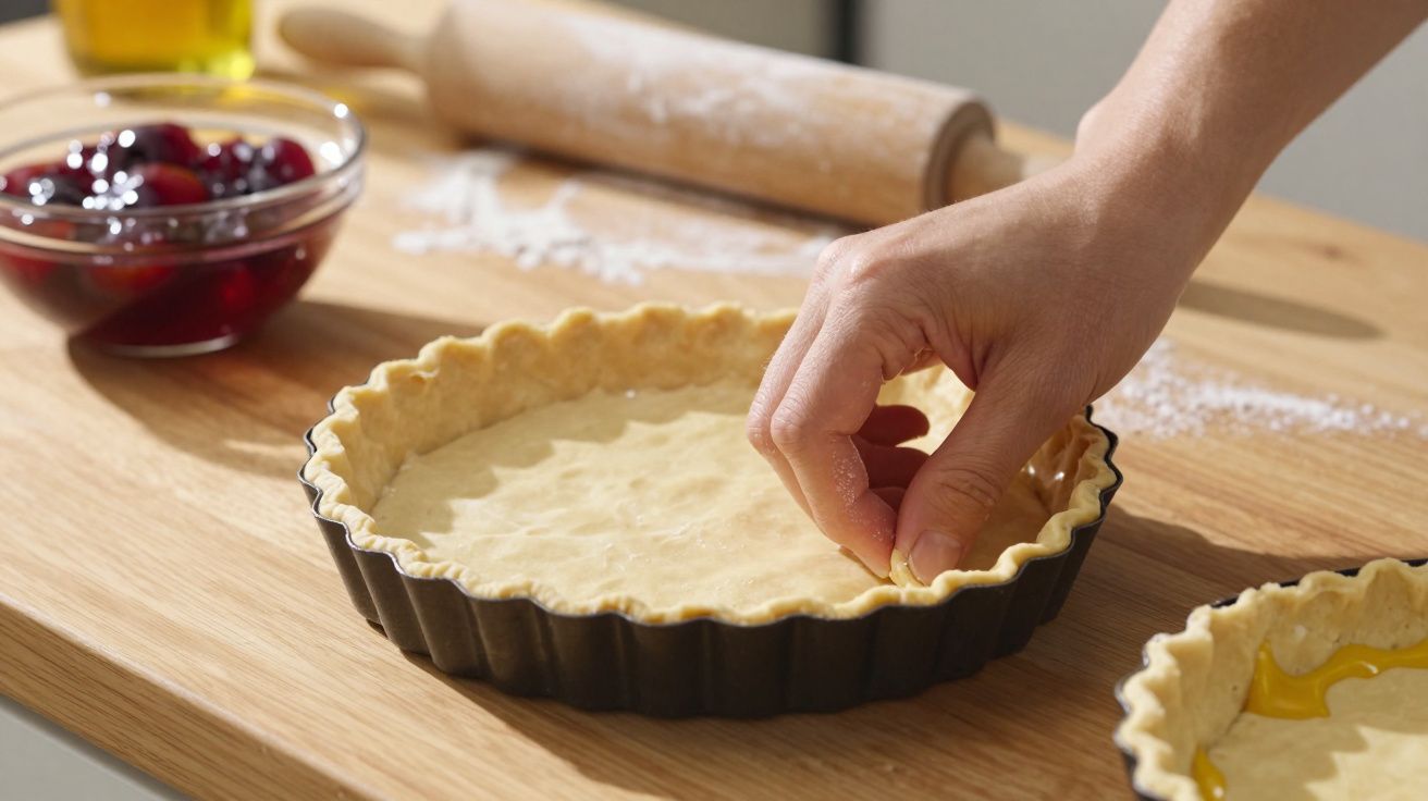 Mão a moldar a borda de massa numa forma de tarte numa mesa de madeira com ingredientes ao fundo.