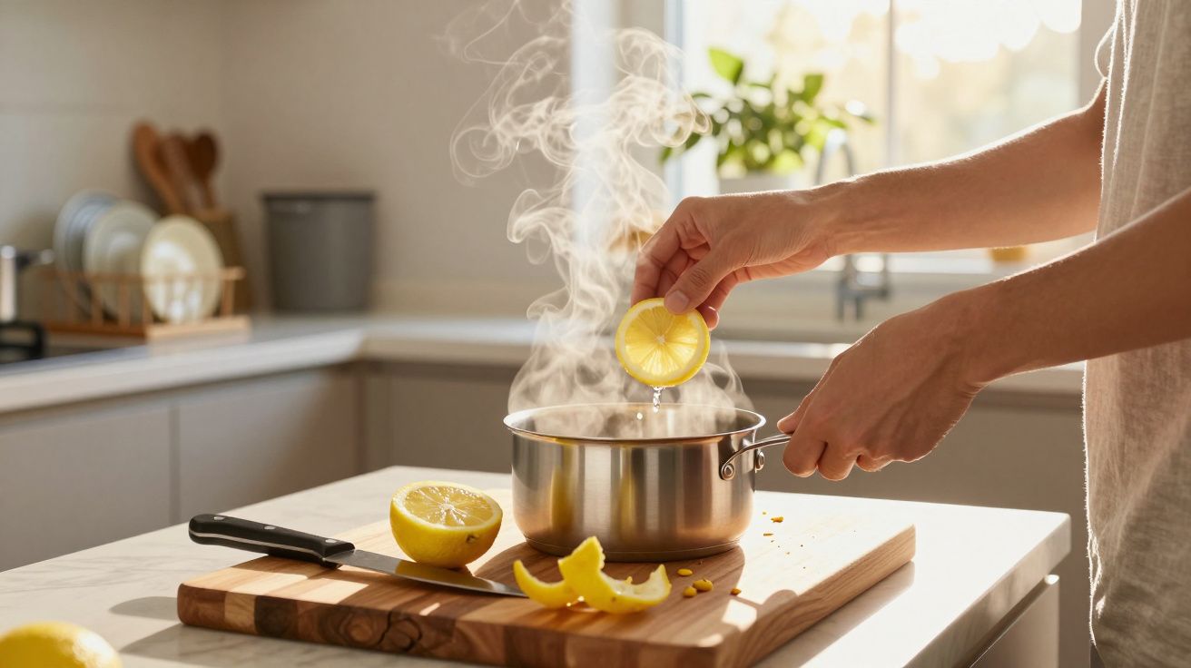 Pessoa a espremer limão numa panela com vapor numa cozinha iluminada.