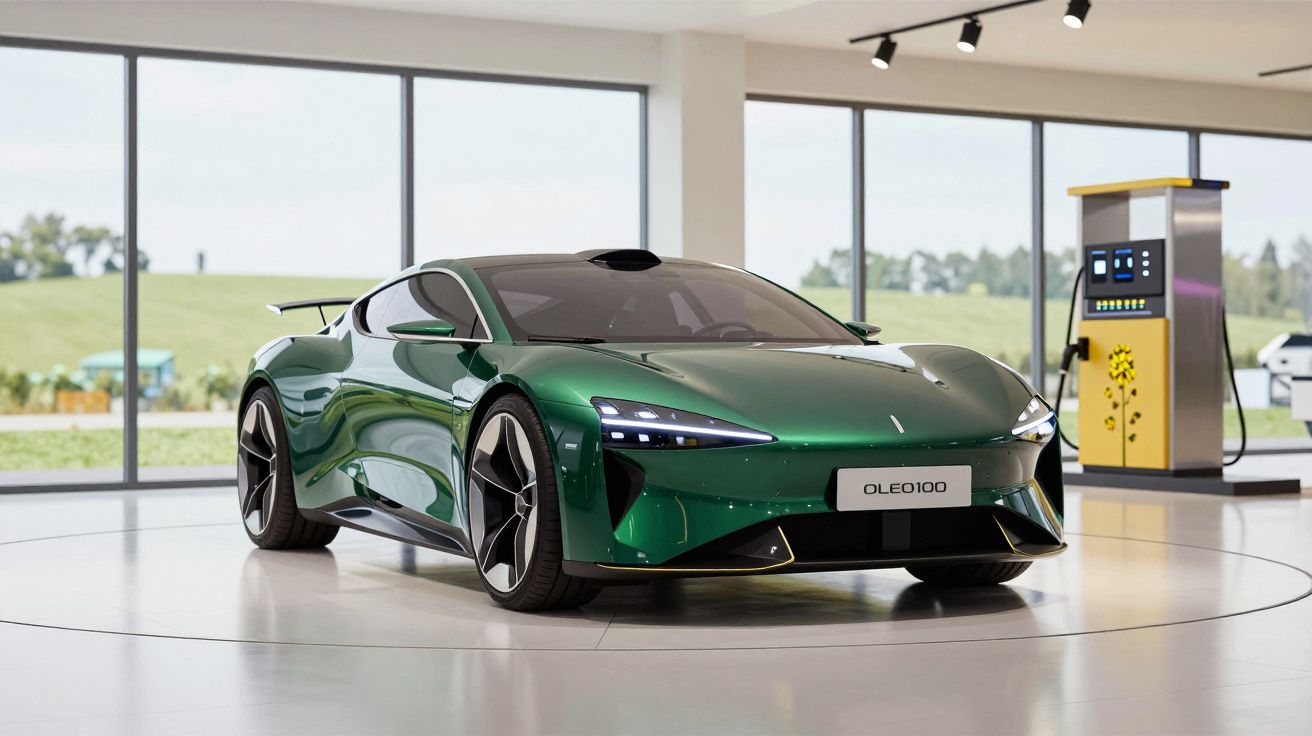 Carro desportivo verde com design futurista estacionado dentro de showroom, perto de posto de abastecimento.