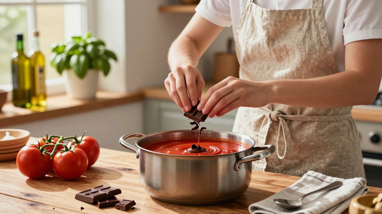 Pessoa a partir um pedaço de chocolate para dentro de uma panela com molho de tomate na cozinha.