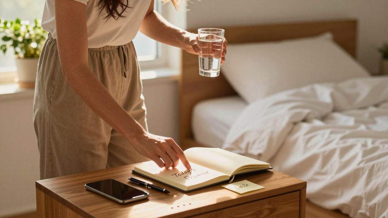 Pessoa com copo de água na mão a escrever num caderno sobre uma mesa junto a uma cama desfeita.