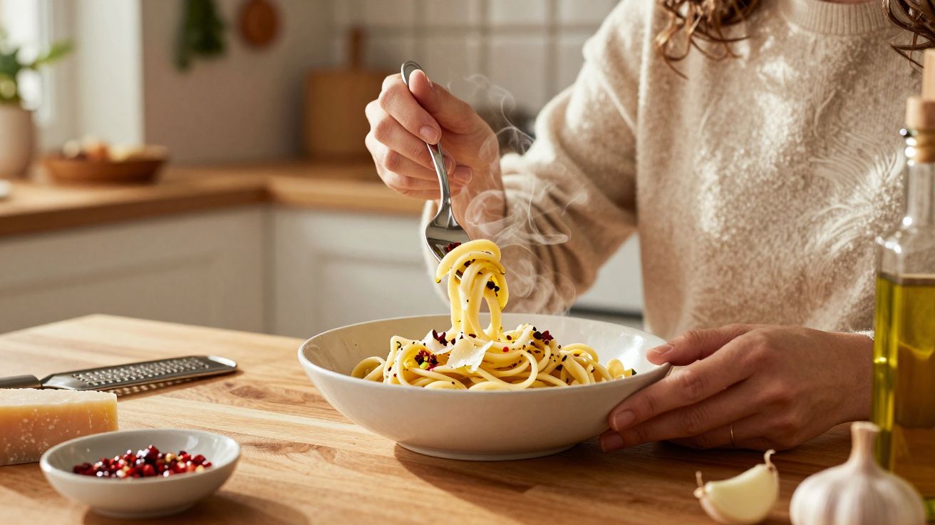Pessoa a enrolar espaguete fumegante num garfo, com a mão a apoiar a tigela branca sobre a mesa de madeira.