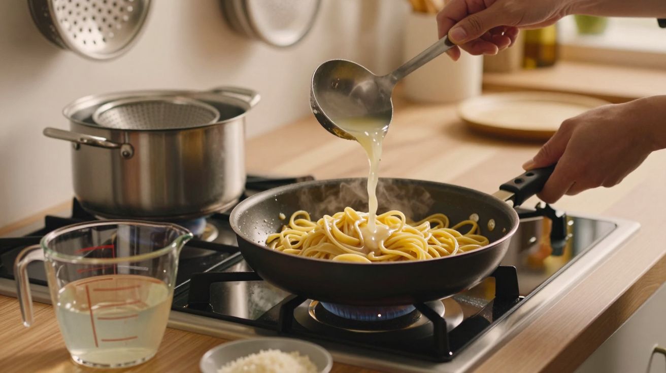Mãos a cozinhar esparguete numa frigideira, a adicionar molho com uma concha sobre o fogão.