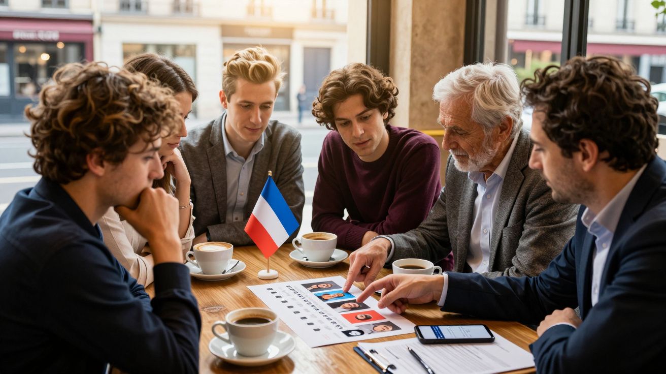 Grupo de pessoas a discutir perfis de candidatos em reunião com bandeira francesa numa mesa de café.