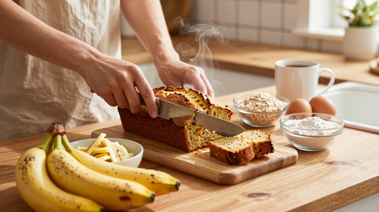Pessoa a cortar pão de banana quente numa tábua, com bananas, ovos, farinha e aveia na bancada.