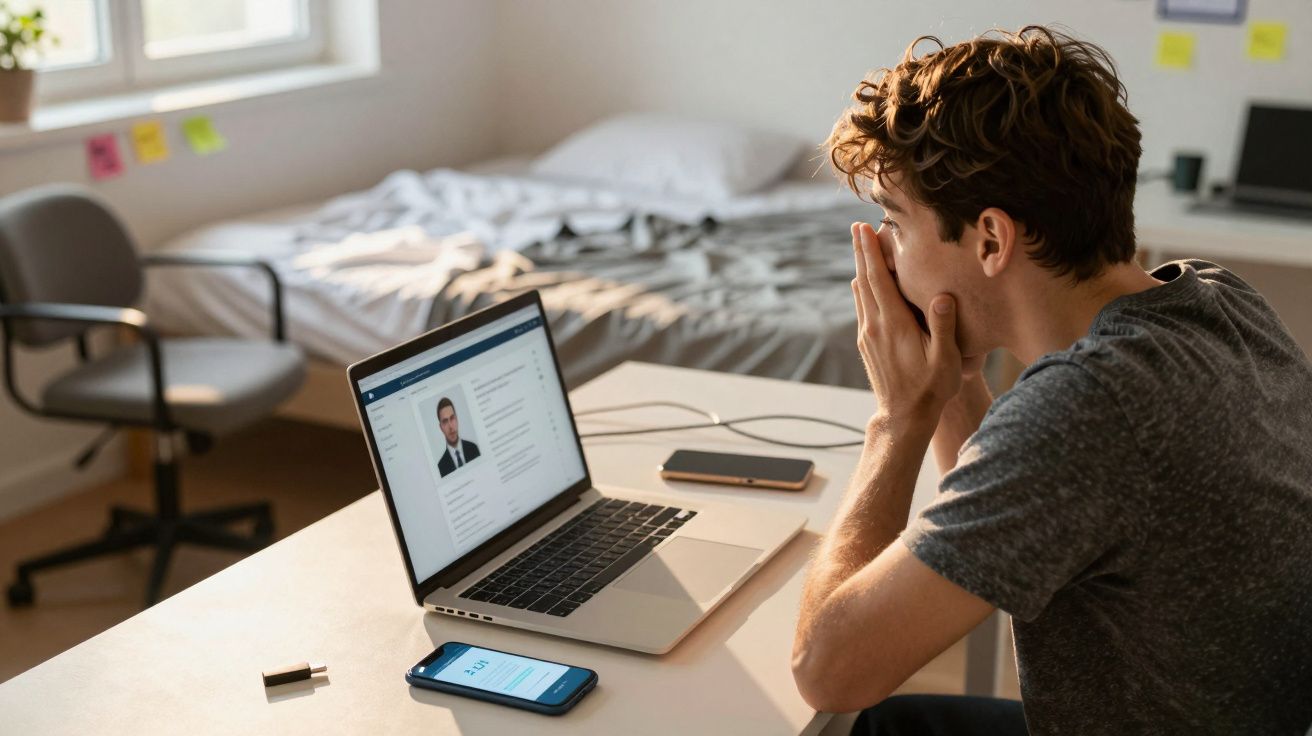 Jovem sentado a olhar preocupado para um currículo num computador portátil numa mesa em quarto.