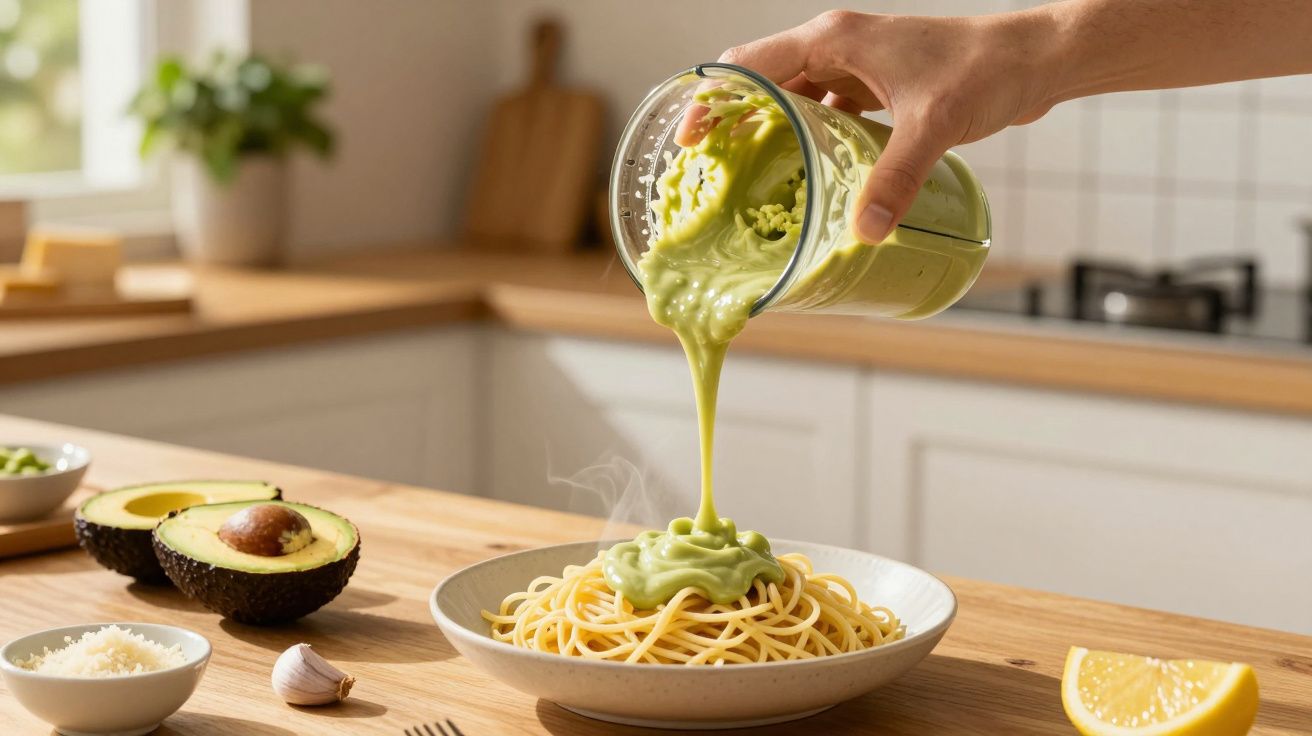 Pessoa a verter molho cremoso de abacate sobre prato de esparguete numa cozinha iluminada.