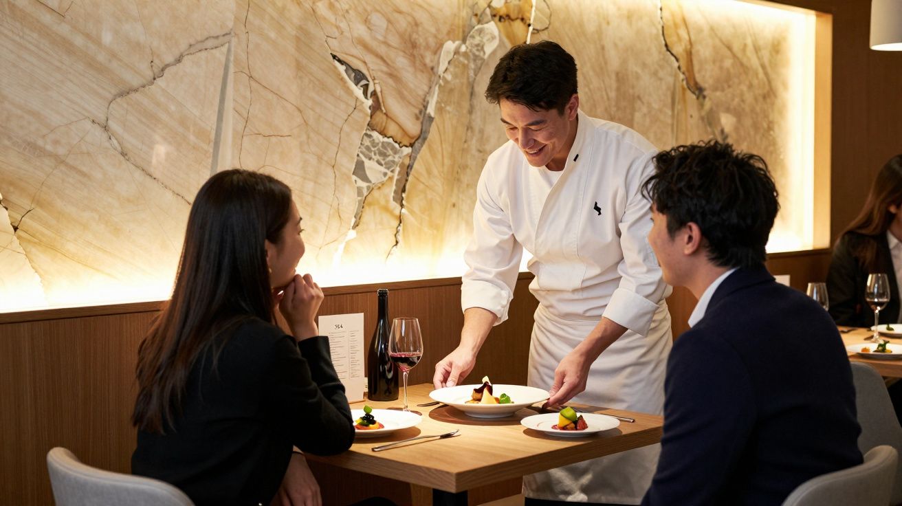 Chef serve pratos gourmet a um casal numa mesa de restaurante elegante e iluminado.