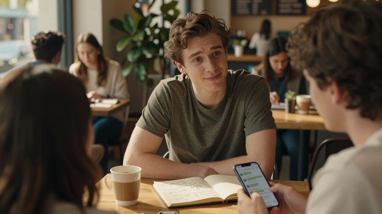 Jovens conversam e estudam num café, com livro aberto e telemóvel na mesa.