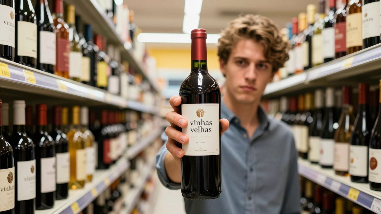 Homem num supermercado segurando uma garrafa de vinho tinto da marca Vinhas Velhas.