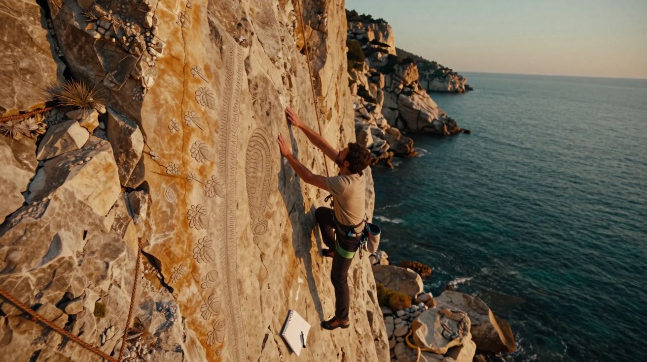Escalador sobe penhasco com desenhos gravados junto ao mar ao pôr do sol.