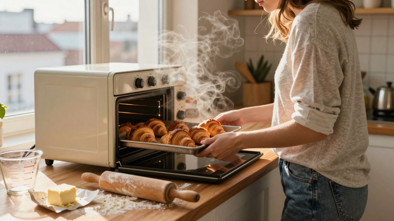 Mulher a retirar croissants quentes do forno numa cozinha iluminada pela luz natural.