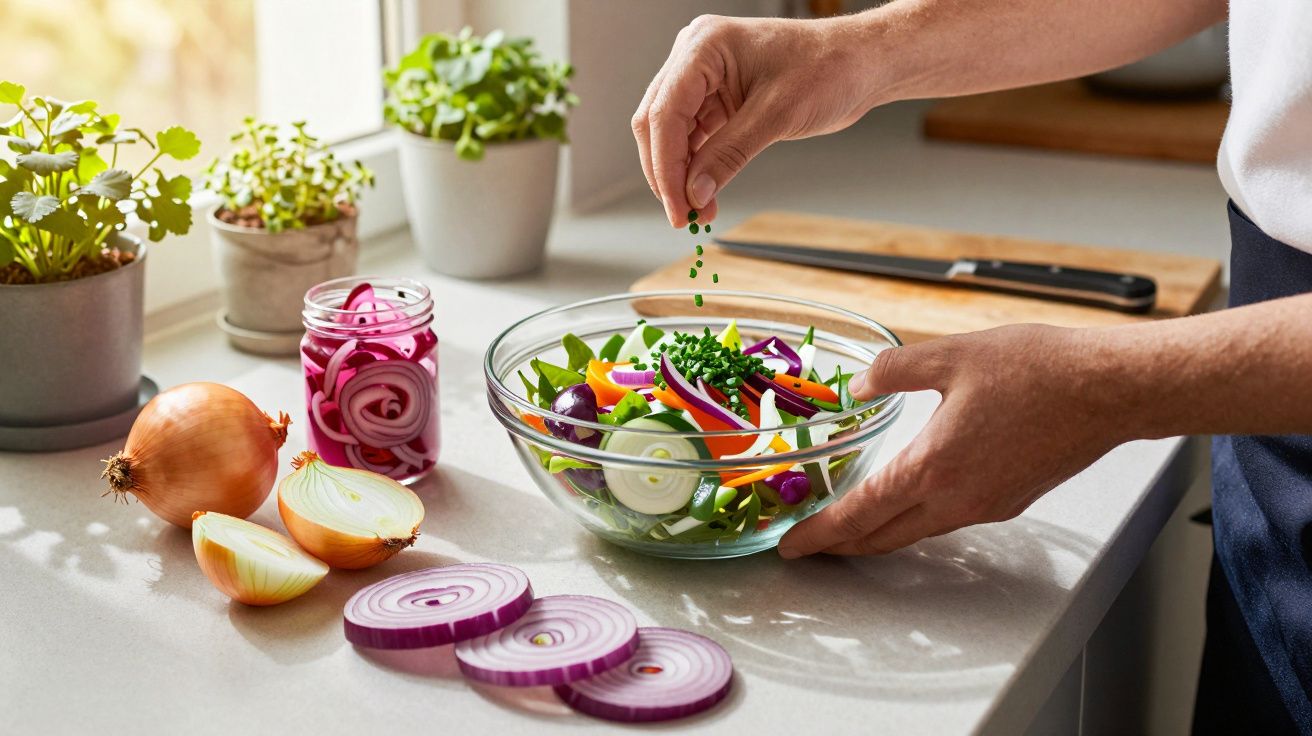 Pessoa a temperar salada fresca com legumes variados numa taça de vidro, sobre balcão de cozinha iluminado.