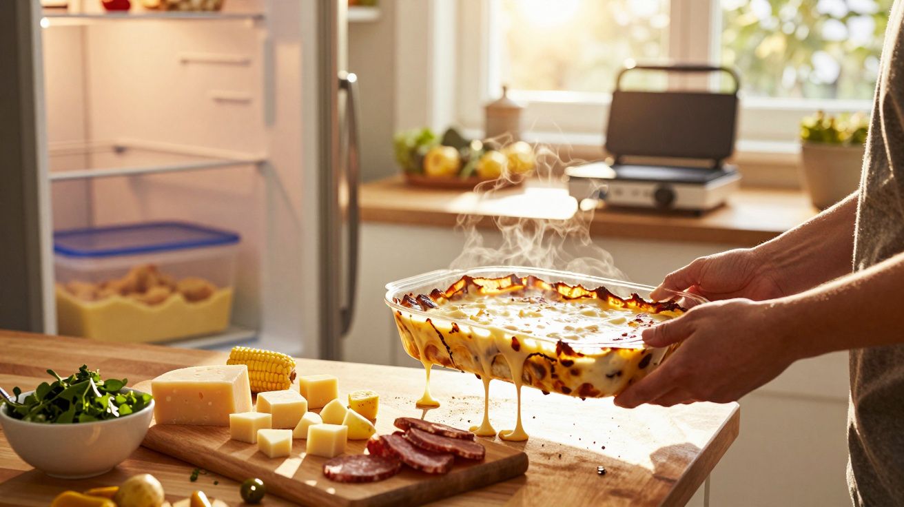 Pessoa a segurar tabuleiro com lasanha fumegante na cozinha, com queijo, chouriço e vegetais numa tábua.