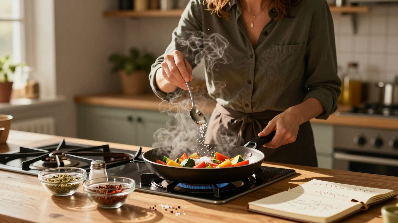 Pessoa a cozinhar legumes numa frigideira, adicionando sal, numa cozinha iluminada.