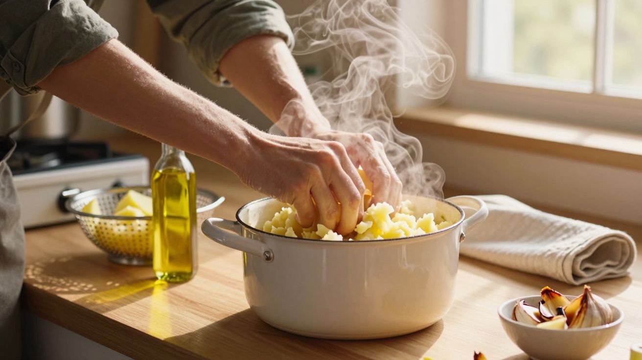 Mãos a amassar batatas quentes numa panela branca com vapor numa cozinha iluminada pela janela.