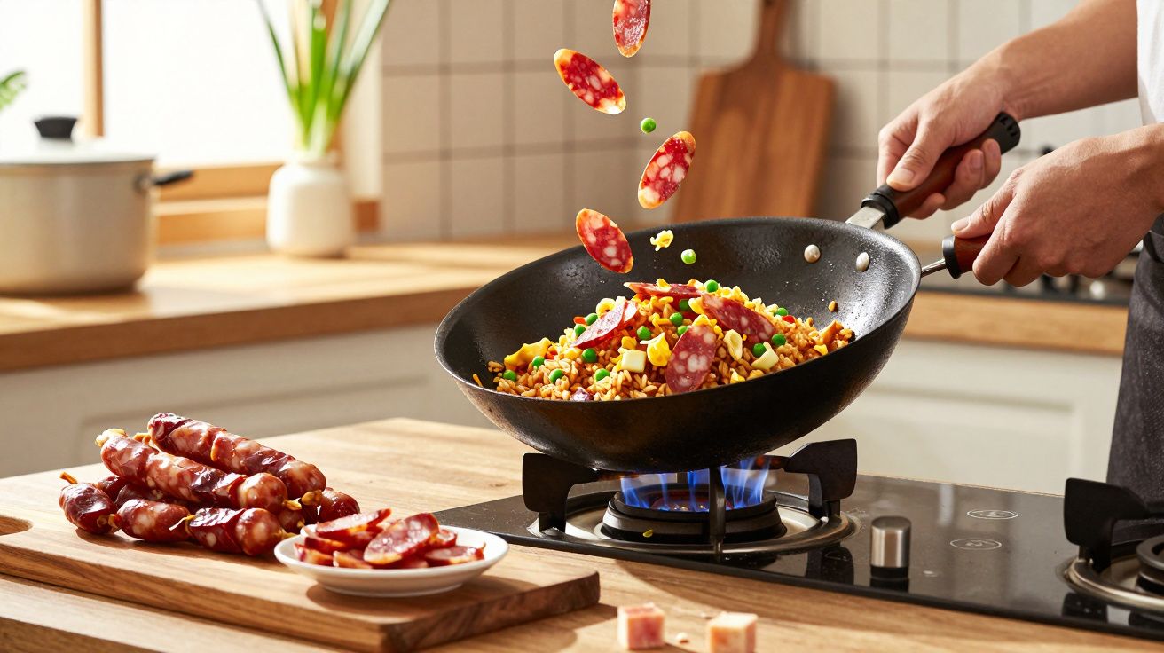 Pessoa a cozinhar arroz frito com salsichas e legumes numa frigideira num fogão a gás.
