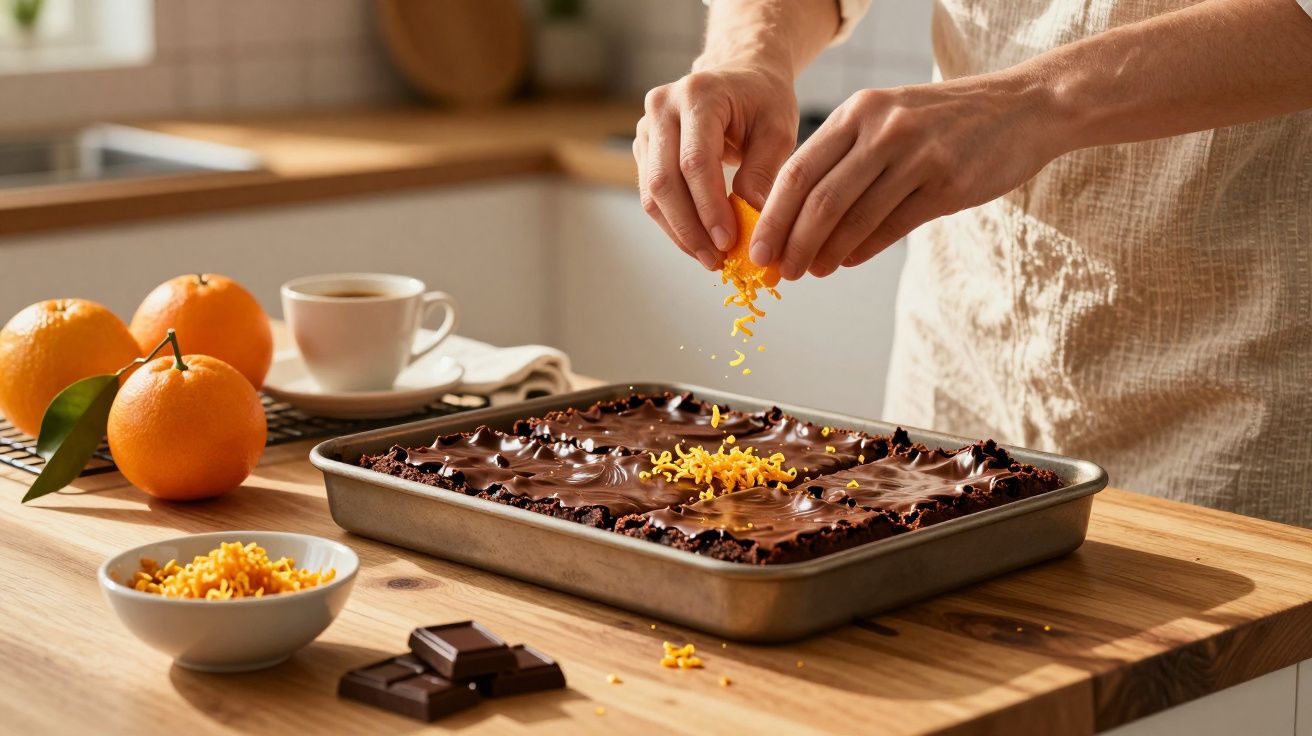 Pessoa a ralar casca de laranja sobre bolo de chocolate numa cozinha luminosa e moderna.