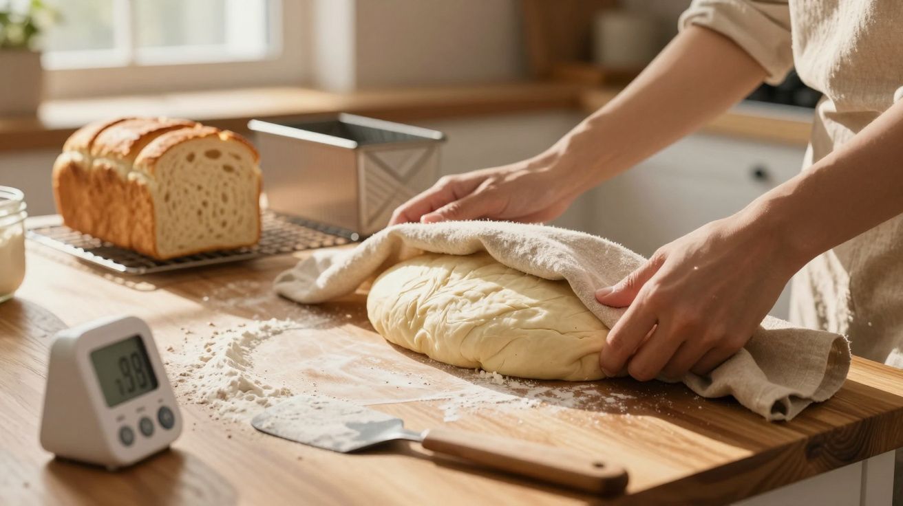 Mãos a cobrirem massa de pão com um pano numa mesa de madeira, com pão já cozido ao fundo.