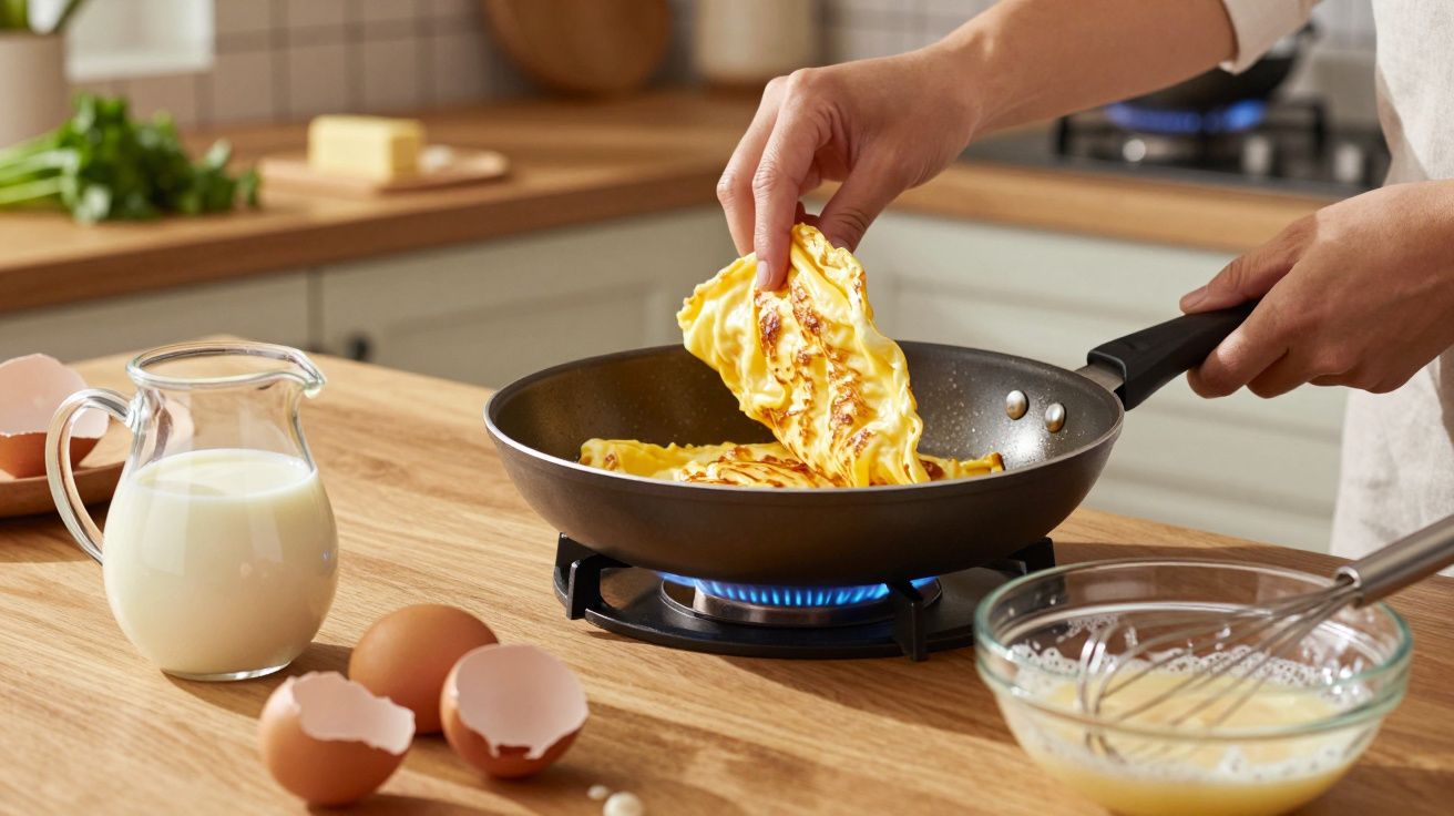 Pessoa a cozinhar omelete numa frigideira sobre fogão a gás, com ovos, leite e batedor na bancada.