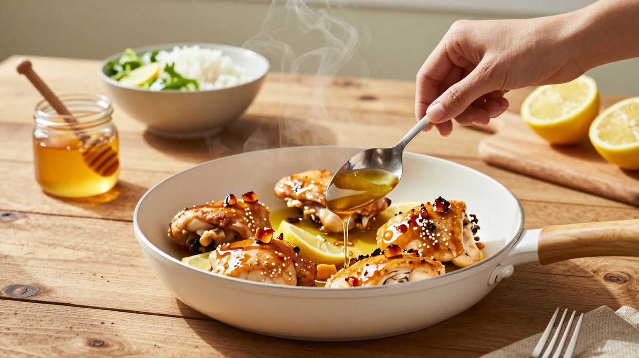 Mão a deitar mel com colher sobre pedaços de frango num prato branco sobre mesa de madeira.