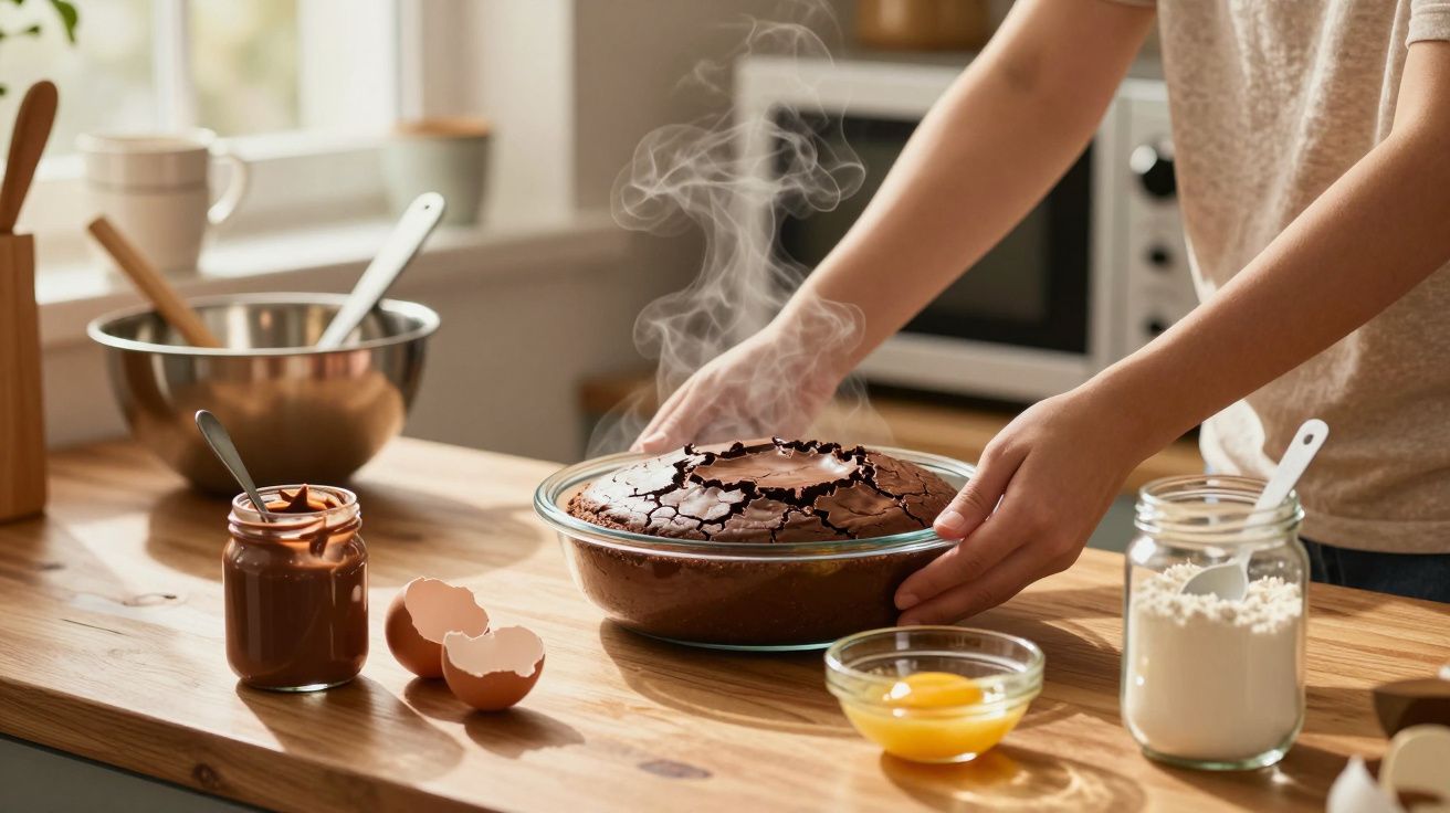 Pessoa a retirar do forno um bolo quente de chocolate numa tigela de vidro numa cozinha com ingredientes espalhados.