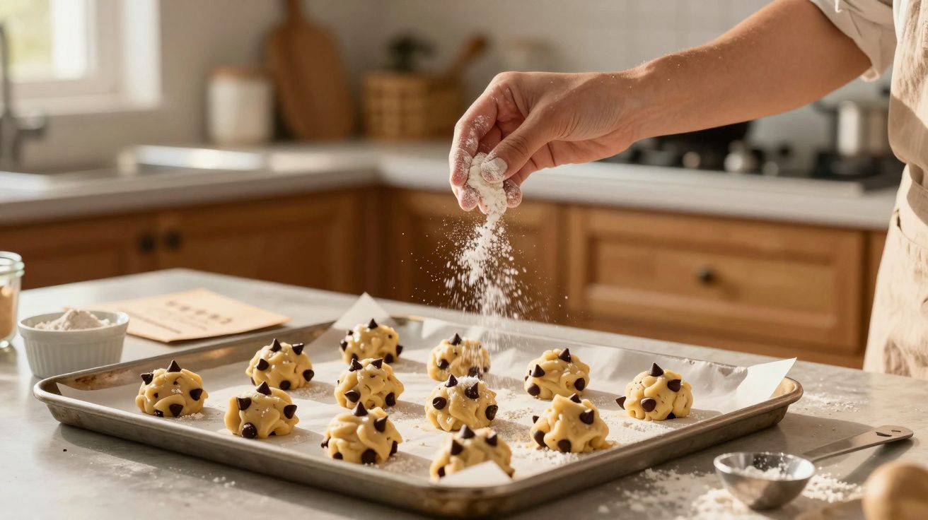 Mão polvilha farinha sobre bolinhas de massa com pepitas de chocolate numa bandeja de forno.