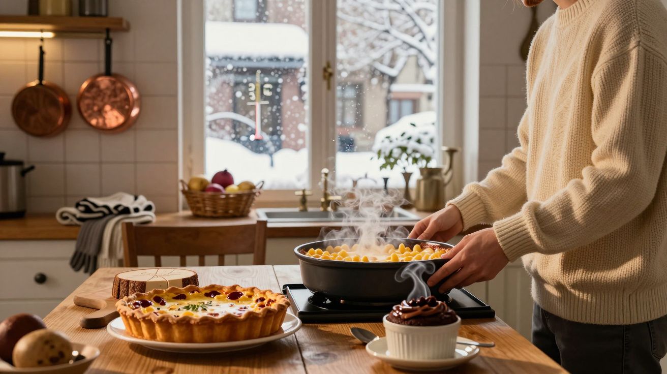 Pessoa a cozinhar massa numa cozinha com sobremesas de chocolate e tarte à mesa, vista de neve na janela