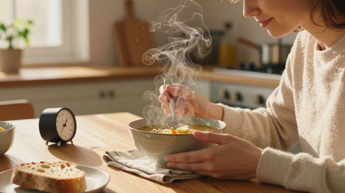 Pessoa a saborear sopa quente numa tigela numa cozinha iluminada ao amanhecer, com pão e relógio na mesa.