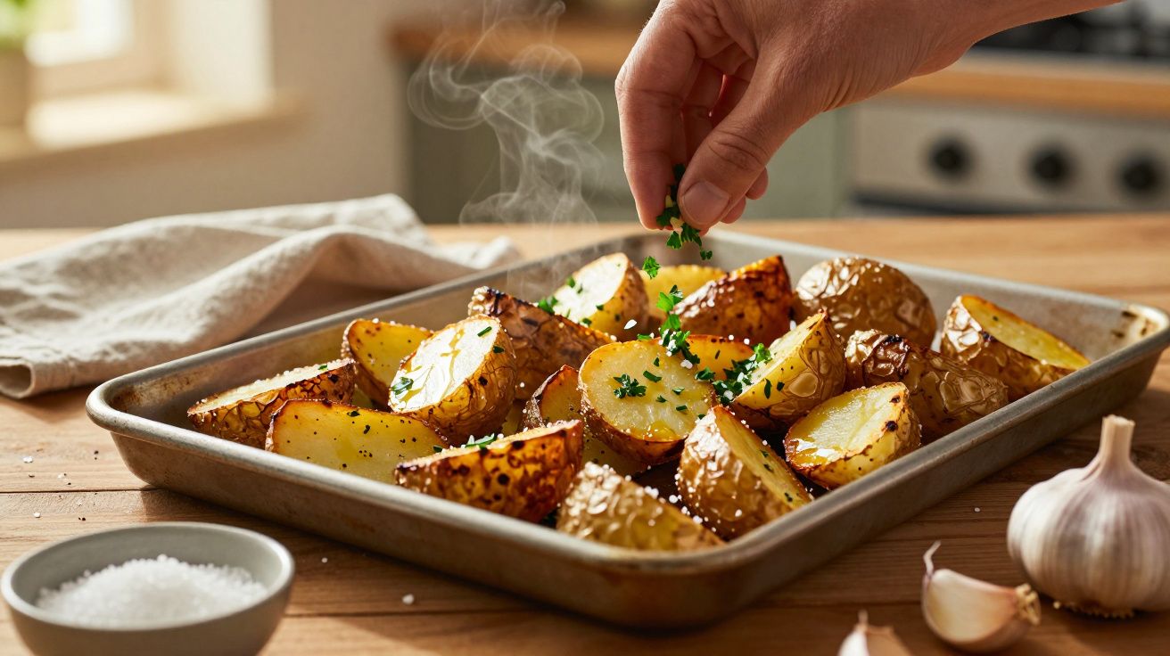 Mão a polvilhar ervas frescas em batatas assadas fumegantes numa travessa de metal sobre mesa de madeira.