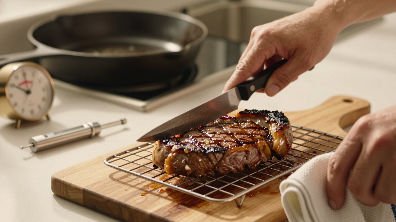 Mãos a cortar bife grelhado numa grelha sobre tábua de madeira numa cozinha.