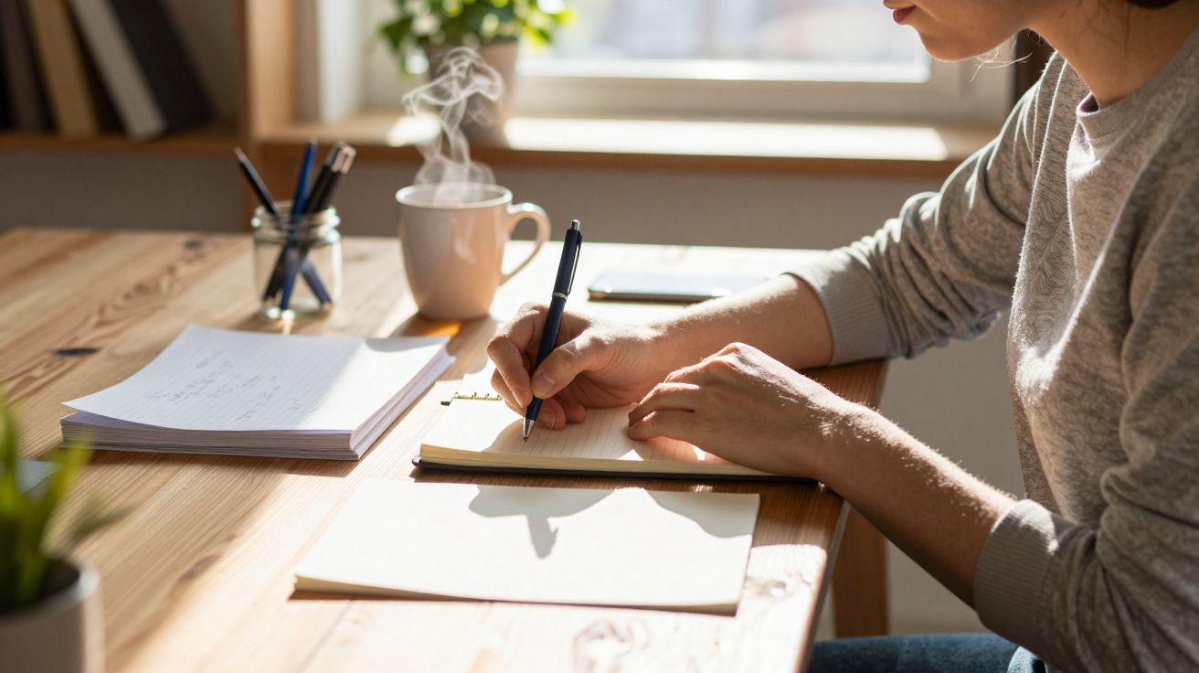 Pessoa a escrever numa secretária de madeira com chá quente a fumegar ao lado, luz natural a entrar pela janela.