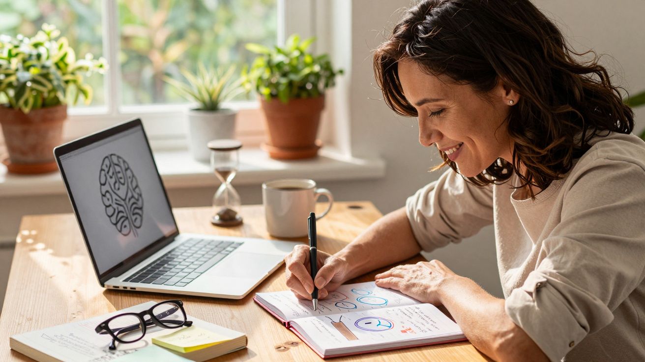 Mulher a sorrir escreve em caderno com gráficos, computador aberto e plantas na janela ao fundo.