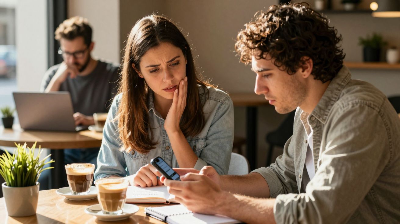 Homem a mostrar algo no telemóvel a mulher que parece preocupada, numa mesa com cafés e cadernos.