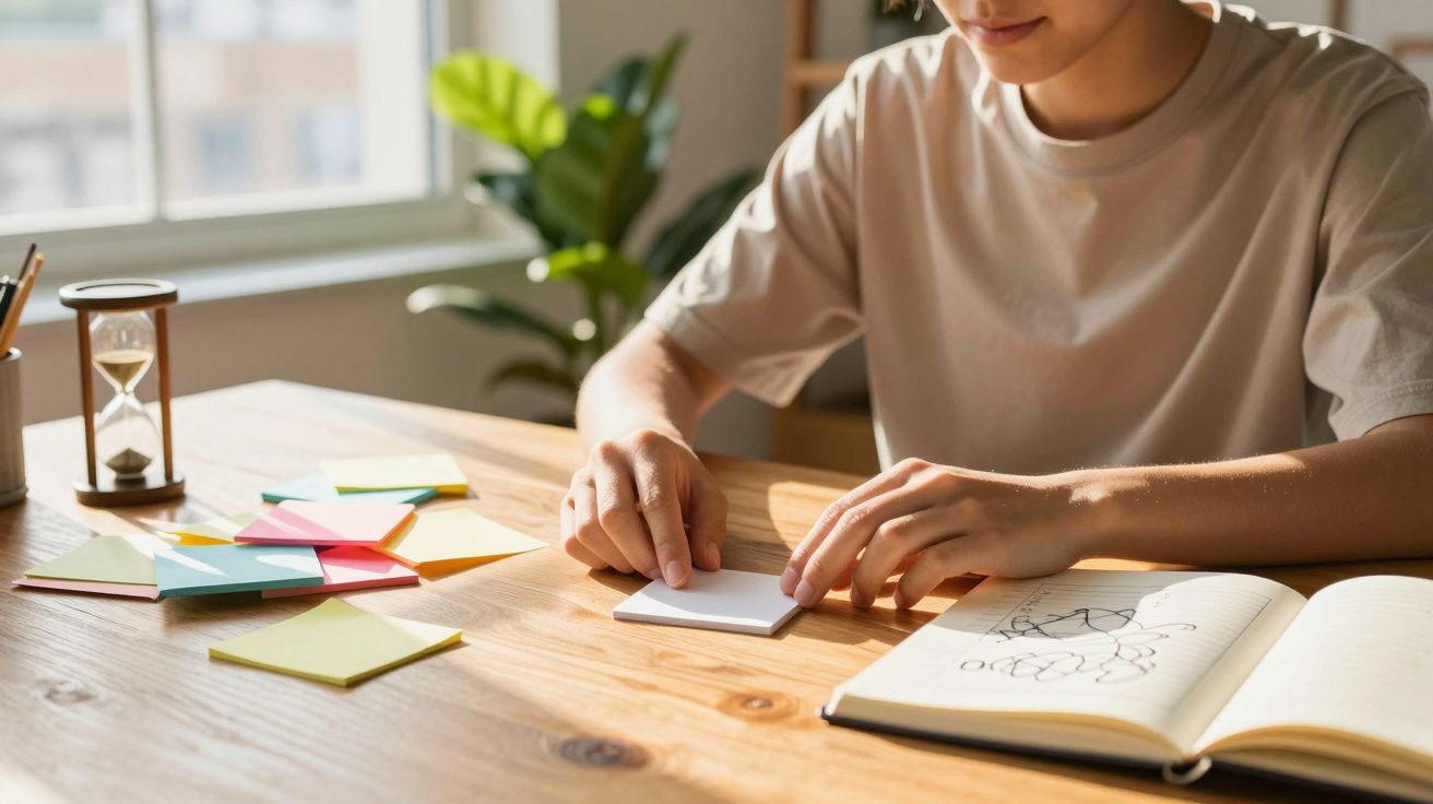 Pessoa a usar notas adesivas numa mesa com livro aberto e ampulheta ao lado, em ambiente iluminado.