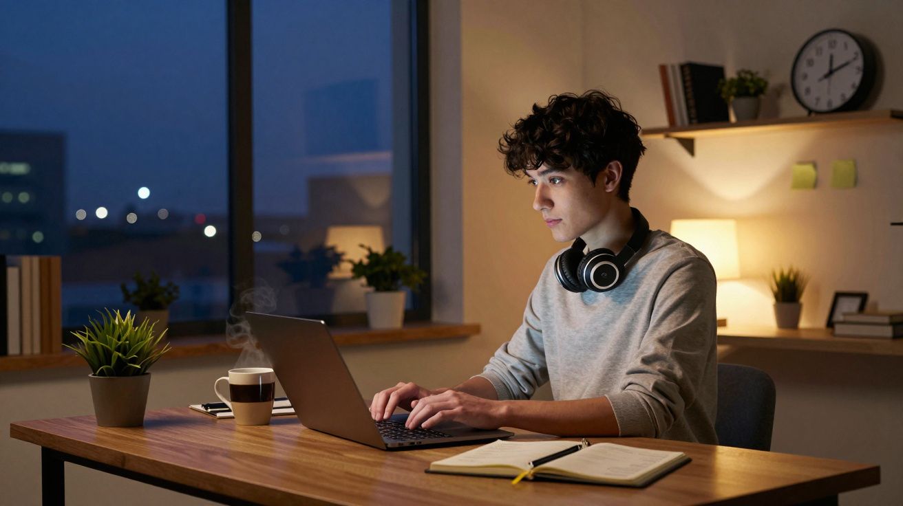 Jovem concentrado a trabalhar num portátil numa mesa com cadernos, café e auriculares numa divisão iluminada à noite.