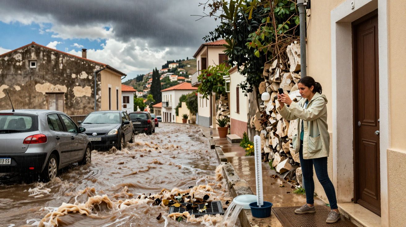 Rua urbana inundada com carros estacionados e mulher a tirar foto da enchente.